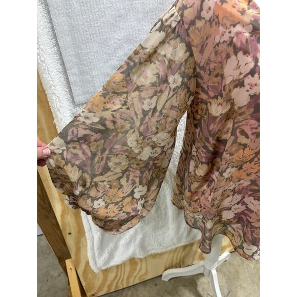 Adrienne Floral Chiffon Blouse Women M Sheer V-Neck Balloon Sleeve Romantic Boho - Picture 4 of 6